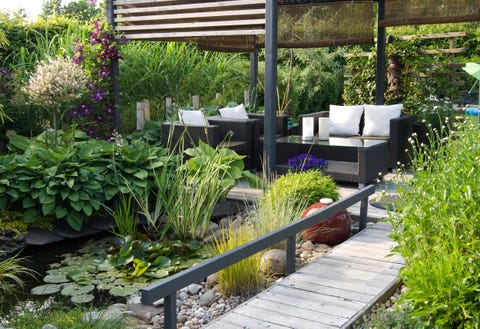 Modern patio garden lounge a modern furnished patio and pergola with a small pond, water lilys, hostas and clematis