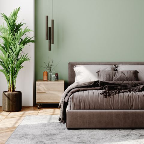 interieur slaapkamer met bruine dekbedovertrek en groene muur