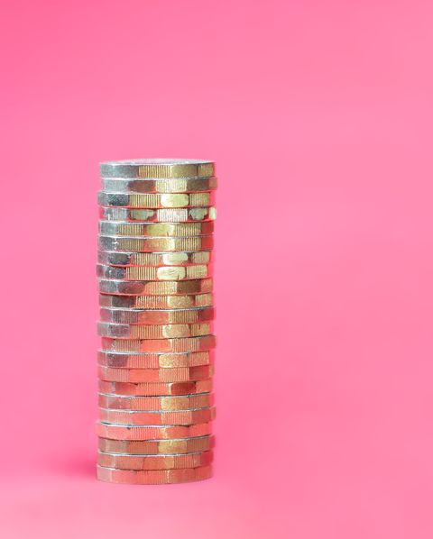 stacked pound coins on a pink background
