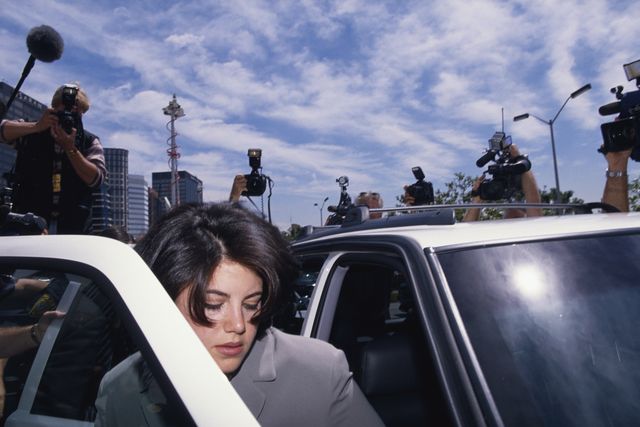 monica lewinsky surrounded by photographers as she gets into car lewinsky is on her way to the fbi headquarters photo by jeffrey markowitzsygma via getty images