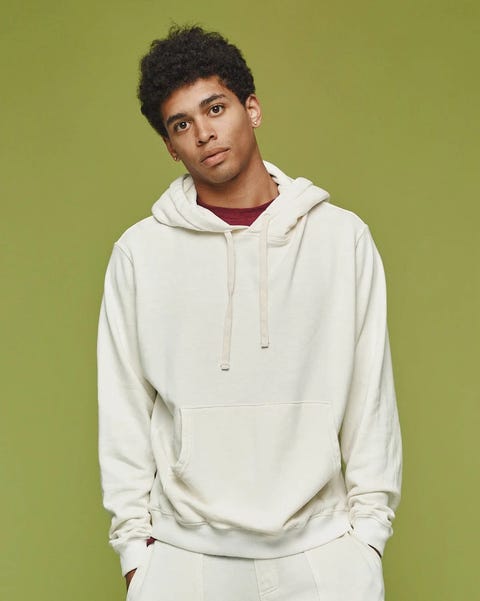 man wearing jungmaven montauk hooded sweatshirt