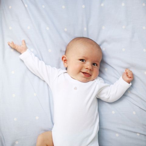 a smiling baby boy on his back, used in a story about middle names for boys