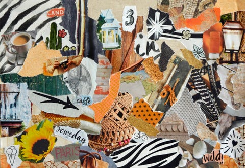 Mood board collage in nature summer style made of teared waste recycling paper results in art