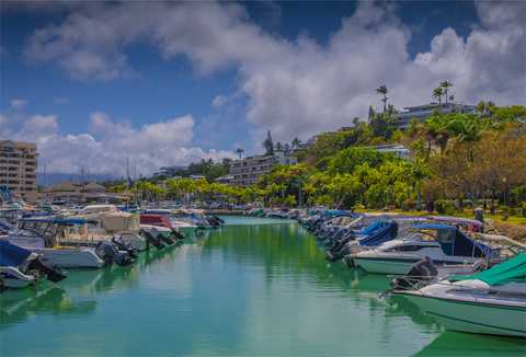 coastal view and recreational boats in the city of noumea, new caledonia, south pacific