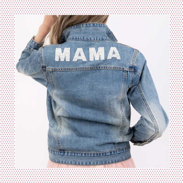 mother's day gift ideas for wife  mama appliqué denim jacket and initial gold heart signet ring