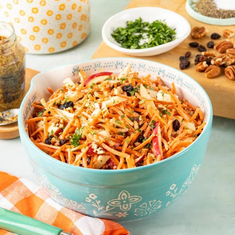 carrot salad in blue bowl