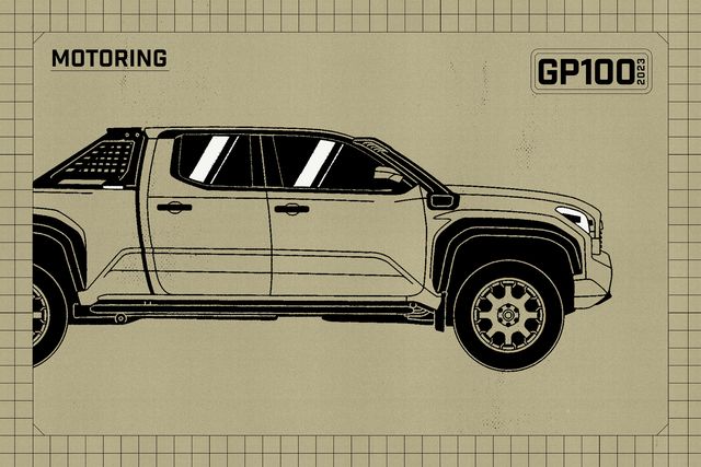illustration of a car on a tan background with a badge that says motoring and gp100 2023
