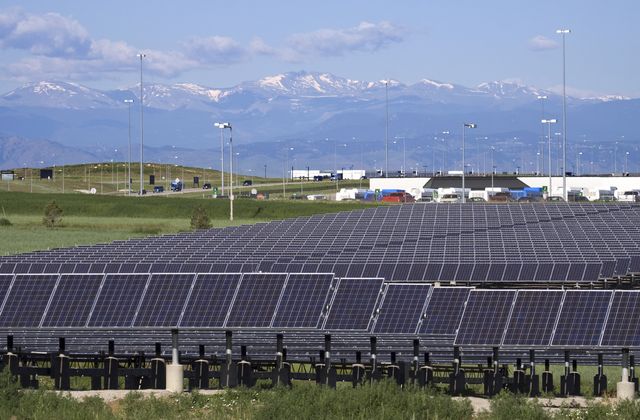 mount evans and solar panels at denver international airport