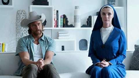 mrs davis episode 106 pictured lr jake mcdorman as wiley, betty gilpin as simone photo by greg gaynepeacock