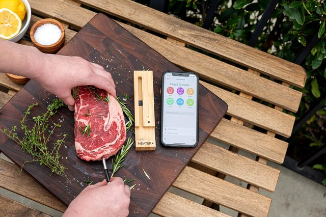 meater block thermometer measuring steak