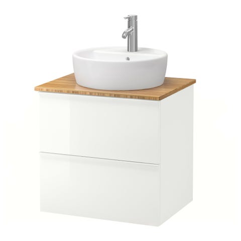 mueble de lavabo con dos cajones blancos sin tiradores y encimera de bambú
