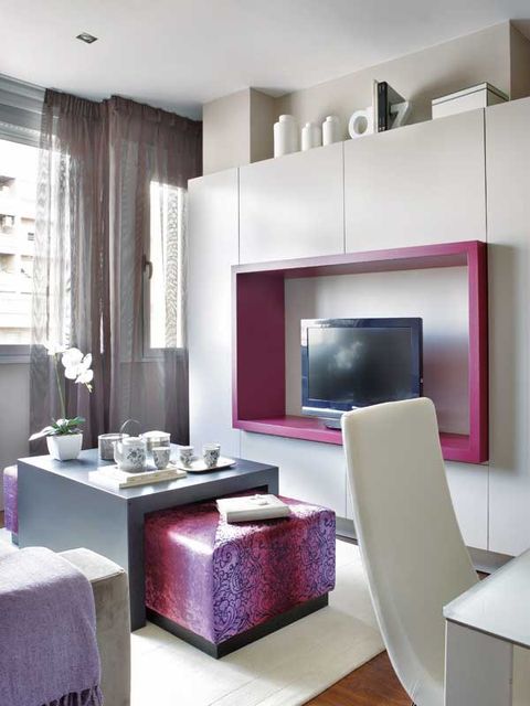 Living room, Room, Interior design, Furniture, Purple, Property, Violet, Building, Wall, Pink, 