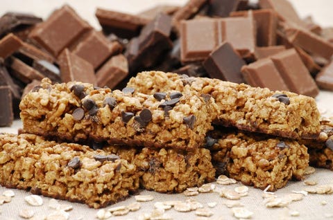 Muesli bars with chocolate chips and pieces of chocolate, close up