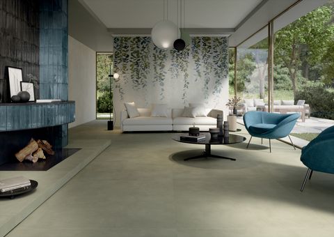 Corona branded multiform collection of concrete and resin effect porcelain stoneware