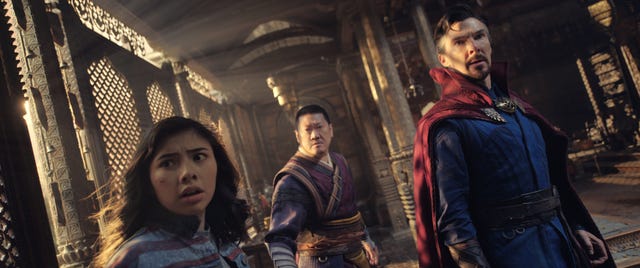 l r xochitl gomez as america chavez, benedict wong as wong, and benedict cumberbatch as dr stephen strange in marvel studios' doctor strange in the multiverse of madness photo courtesy of marvel studios ©marvel studios 2022 all rights reserved