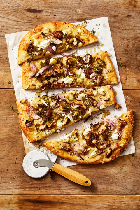 mushroom and brussels sprouts pizza