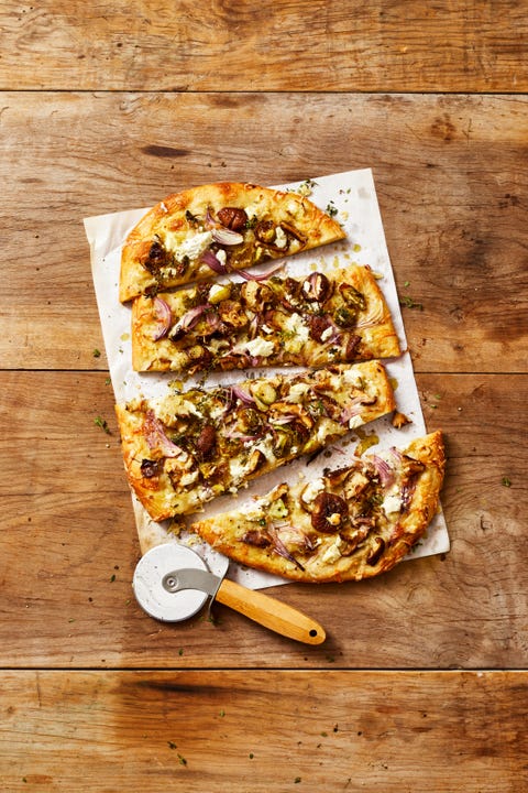 mushroom and brussels sprouts pizza