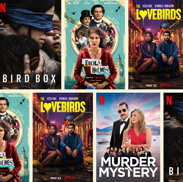movie posters for bird box, enola holmes, the lovebirds, murder mystery