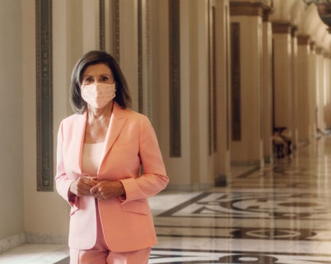 nancy pelosi in mask and pantsuit