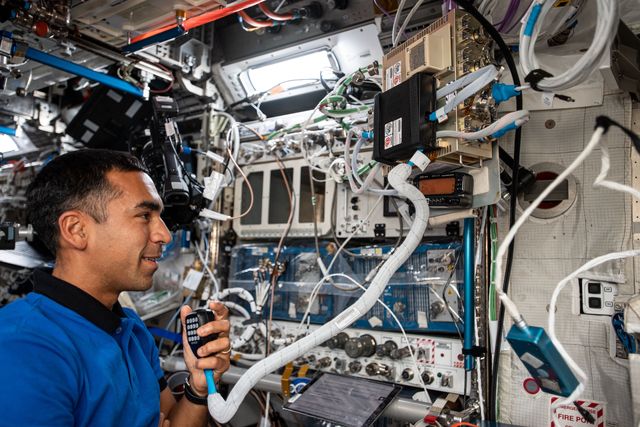 nov 29 2021 nasa astronaut and expedition 66 flight engineer raja chari conducts a ham radio session aboard the international space station with students from temuco, chile