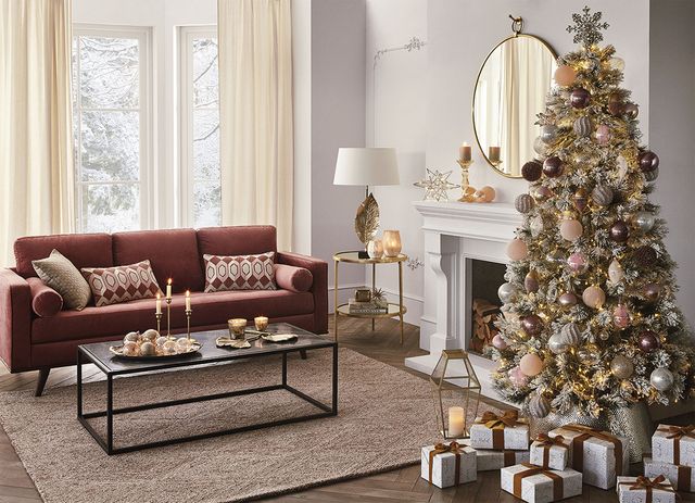living room, room, furniture, christmas decoration, interior design, couch, christmas tree, property, table, coffee table,