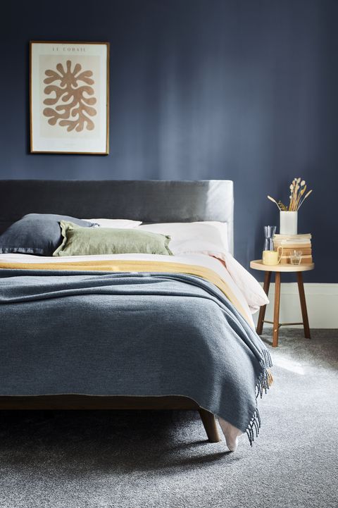 navy bedroom featuring house beautiful super sublime saxony carpet at carpetright and ﻿house beautiful florence velvet finish shadow ottoman bed frame at dreams