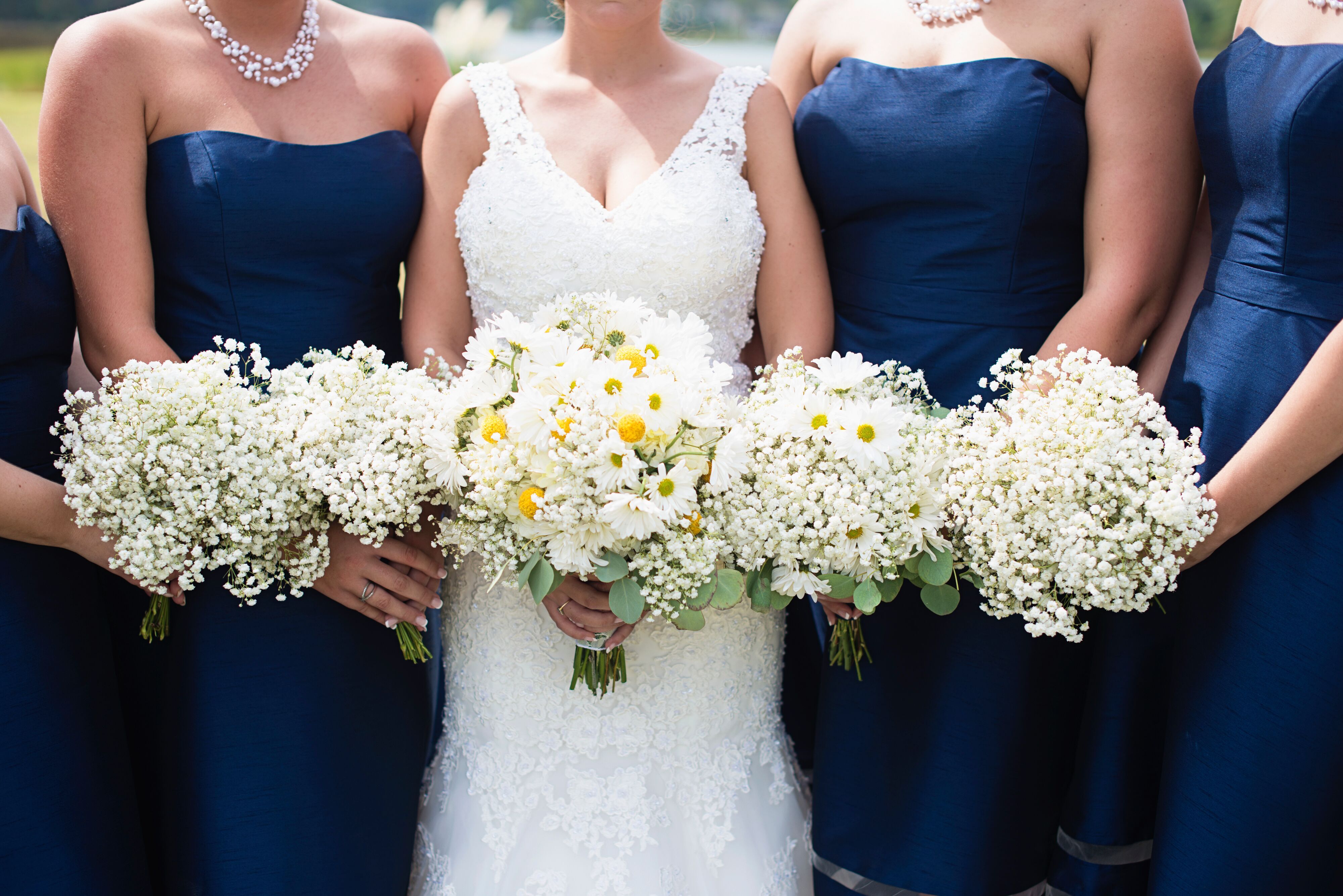 navy blue and white wedding dress