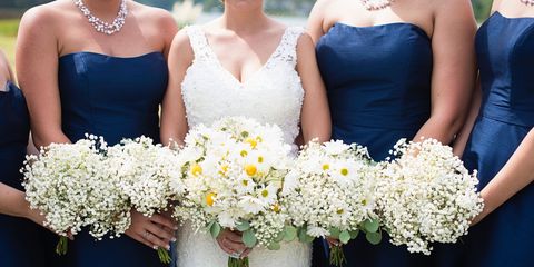 Bouquet, Photograph, Bride, Dress, White, Blue, Gown, Wedding dress, Yellow, Flower, 