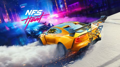 need for speed heat key art, showing a yellow and blue car facing each other whilst sliding across neon lit streets