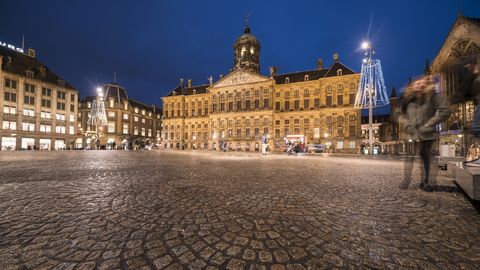 netherlands, holland, amsterdam, dam square with the paleis op de dam at night