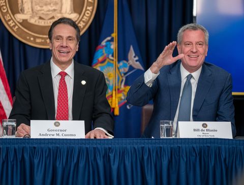new york, ny   march 2 new york state gov andrew cuomo and new york city mayor bill deblasio speak during a news conference on the first confirmed case of covid 19 in new york on march 2, 2020 in new york city a female health worker in her 30s who had traveled in iran contracted the virus and is now isolated at home with symptoms of covid 19, but is not in serious condition cuomo said in a statement that the patient "has been in a controlled situation since arriving to new york"  photo by david dee delgadogetty images