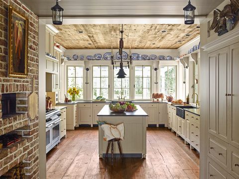 rustic farmhouse kitchen with blue and white china