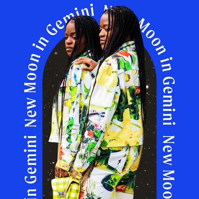 two black women in matching clothes stand together surrounded by the words new moon in gemini