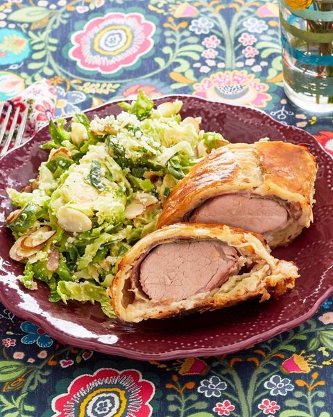puff pastry wrapped pork with brussels sprouts
