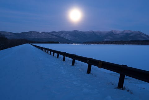 New York Catskill Mountains Asokan Reservoir in winter moonlight
