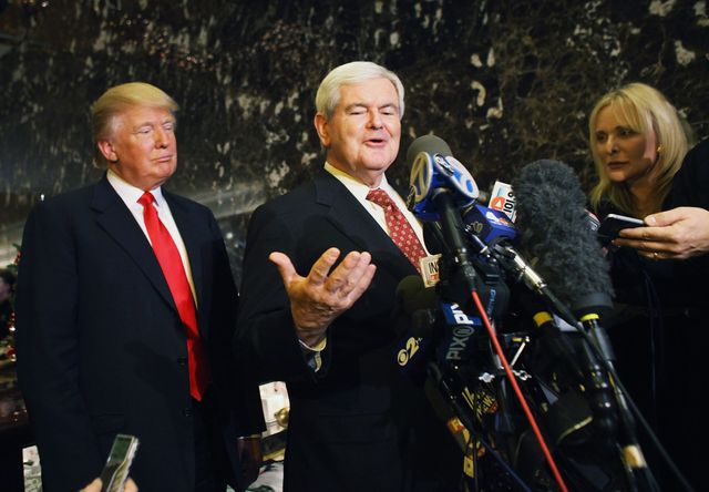 new york, ny   december 05  republican presidential candidate and former speaker of the house newt gingrich r speaks to the media as donald trump listens at trump tower following a meeting between the two on december 5, 2011 in new york city gingrich, who's seen a surge in polls in recent weeks, attended a town hall event december 3, 2011 hosted by the tea party of staten island  photo by spencer plattgetty images