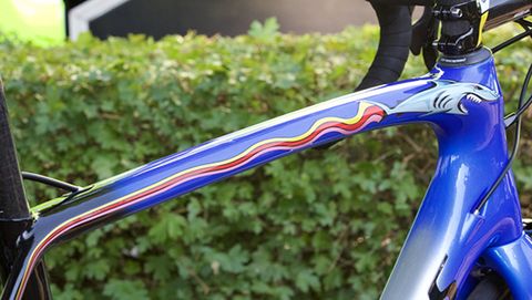 Nibali's custom Specialized Tarmac has a shark painted on the side of the top tube