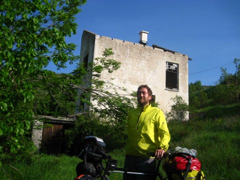 Vehicle, House, Grass, Tree, Rural area, Recreation, Cottage, Shrub, Plant, Bicycle, 