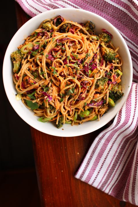creamy noodle salad with red cabbage, broccoli, and edamame