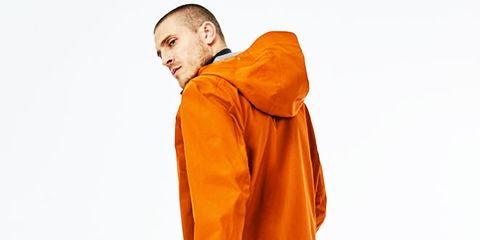 Clothing, Orange, Hood, Outerwear, Yellow, Sleeve, Windbreaker, Jacket, Raincoat, Neck, 