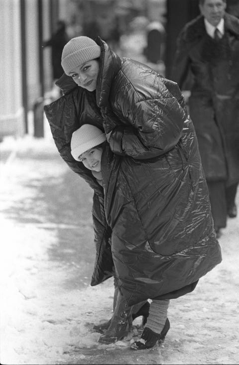 norma kamali wearing her sleeping bag coat