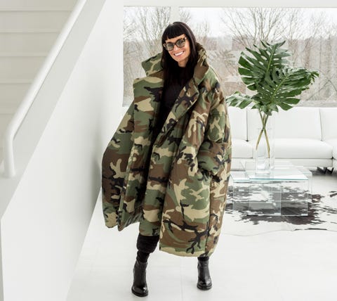 norma kamali wears her "sleeping bag" coat