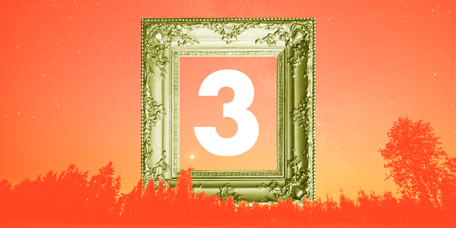 a giant number 3 is inside a golden picture frame over an orange lanscape