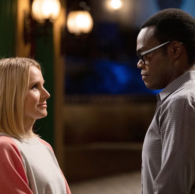 the good place    "the answer" episode 409    pictured l r kristen bell as eleanor, william jackson harper as chidi    photo by colleen hayesnbc
