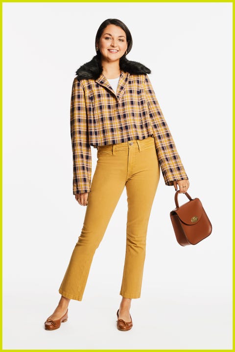 Abbigliamento, Modello di moda, Jeans, Giallo, Plaid, Marrone, Moda, Vita, Calzature, Modello,