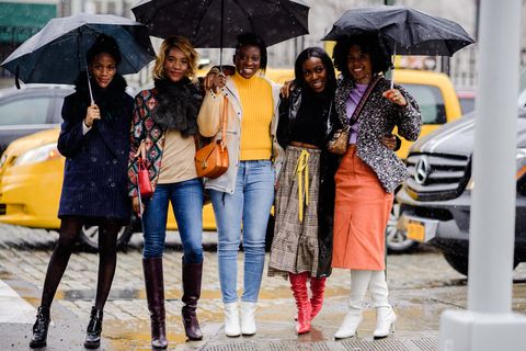 Street fashion, Umbrella, Yellow, Fashion, Rain, Fashion accessory, Street, Outerwear, Vehicle, Car, 