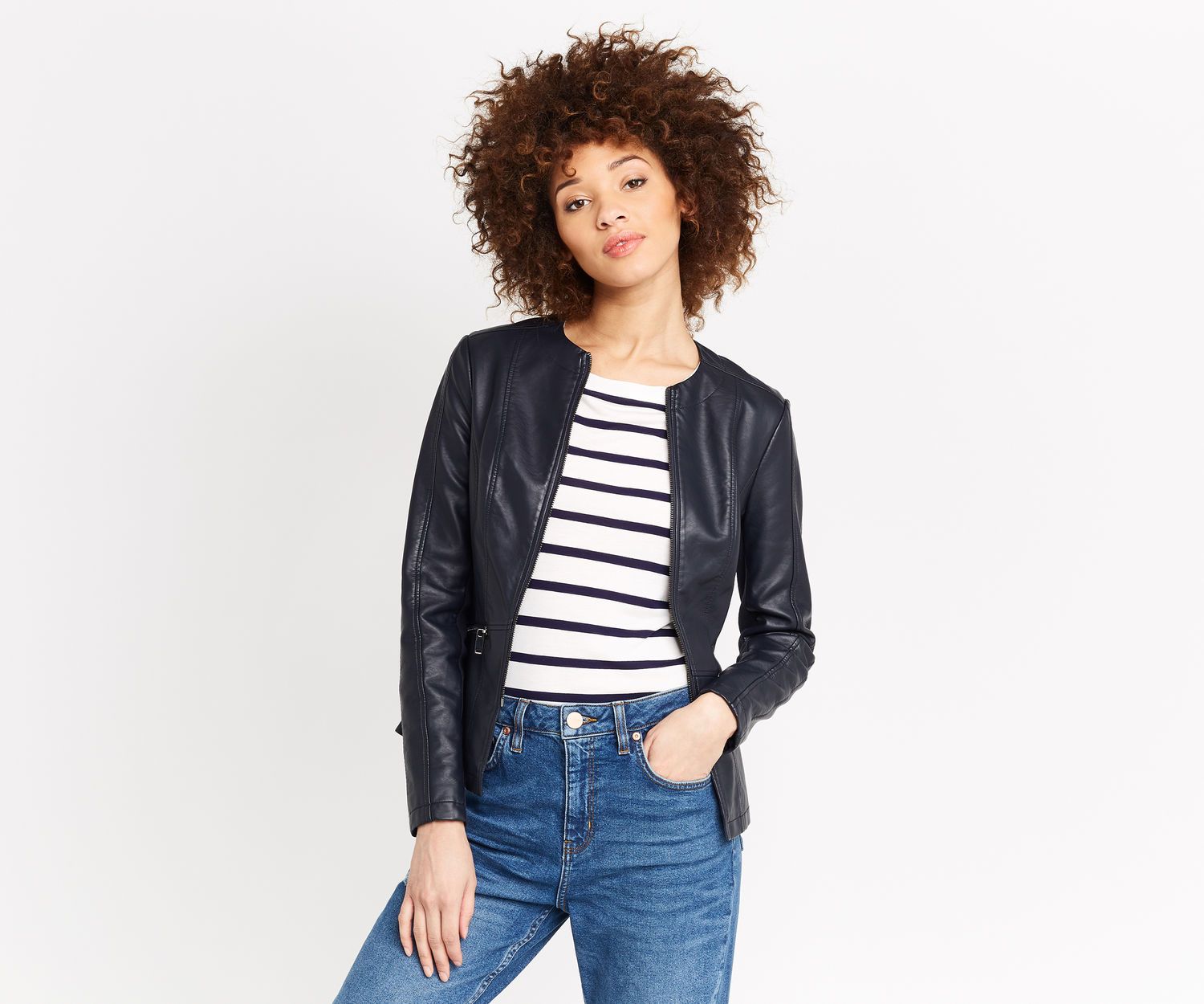 oasis leather collarless jacket