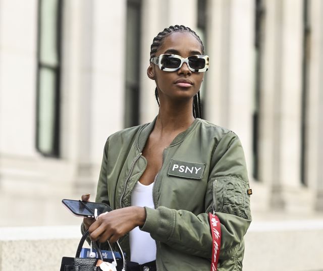 new york, new york   february 12 a model is seen wearing a green alpha industries jacketoutside the victor glemaud show during new york fashion week aw 2022 on february 12, 2022 in new york city photo by daniel zuchnikgetty images
