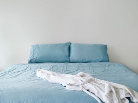 Bed, Bedroom, Bed sheet, Blue, Furniture, Bedding, Room, Aqua, Turquoise, Bed frame, 