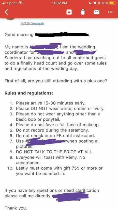 Bride Goes Viral After Sending Email Demanding Guests Pay To Come A Casual List Of Rules For Wedding Guests